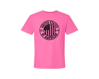 brand:Comfort Colors|color:Neon Pink|United States Of America Patriotic Graphic T-Shirt