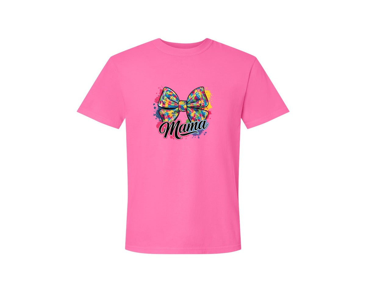 brand:Comfort Colors|color:Neon Pink|Autism Mama Colorful Puzzle Bow Art Graphic T-Shirt
