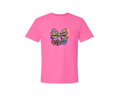 brand:Comfort Colors|color:Neon Pink|Autism Mama Colorful Puzzle Bow Art Graphic T-Shirt