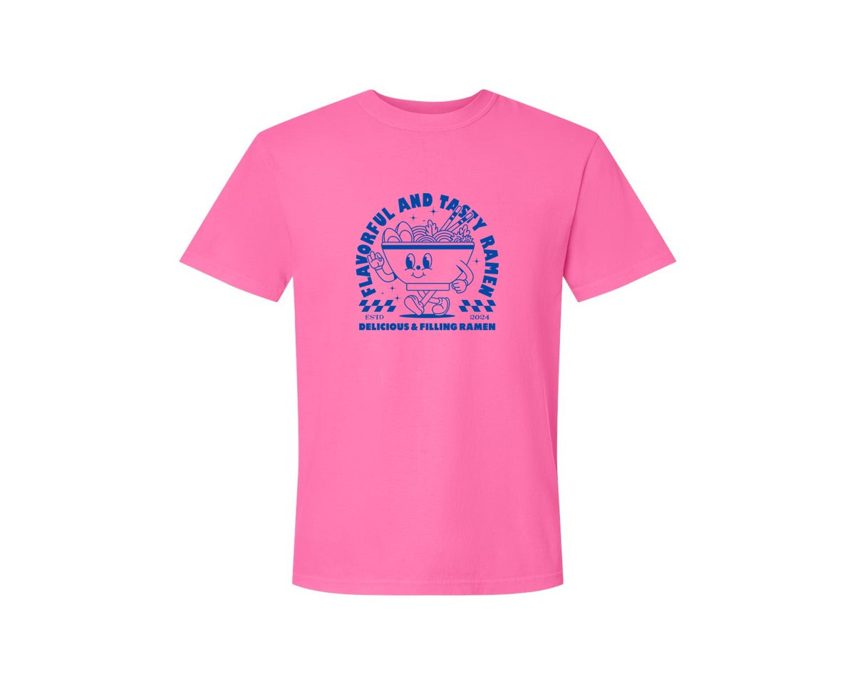 brand:Comfort Colors|color:Neon Pink|Retro Ramen Noodle Cartoon Mascot Design Graphic T-Shirt