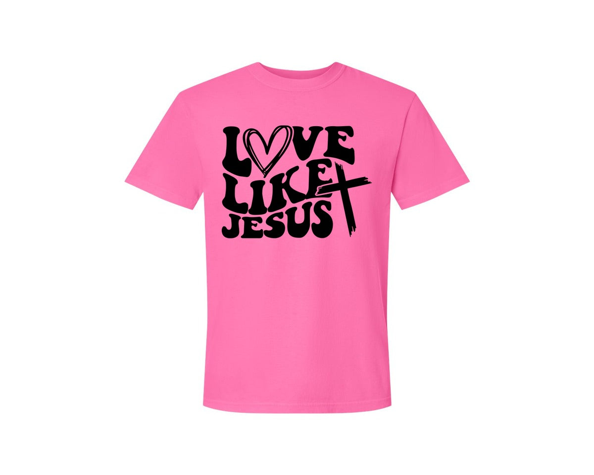 brand:Comfort Colors|color:Neon Pink|Love Like Jesus Wavy 2 Graphic T-Shirt