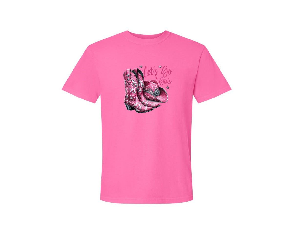 brand:Comfort Colors|color:Neon Pink|Lets Go Girls Cowgirl Boots 2 Graphic T-Shirt