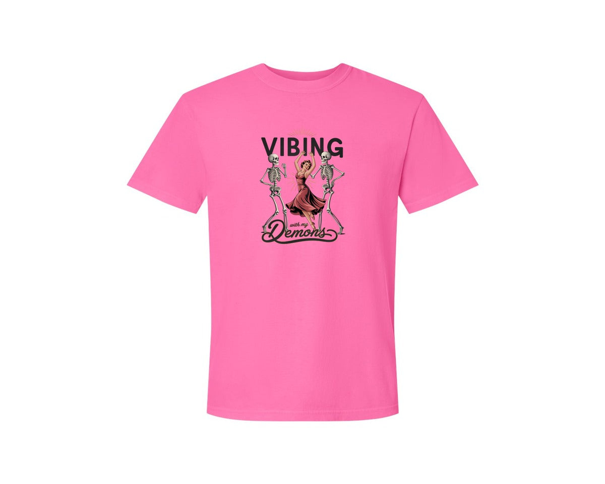 brand:Comfort Colors|color:Neon Pink|Vibing With My Demons Retro Gothic 2 Graphic T-Shirt