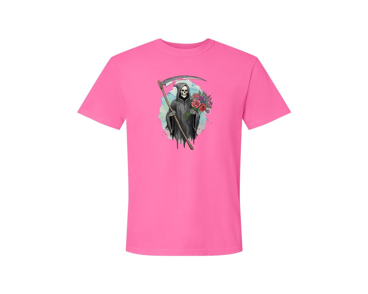 brand:Comfort Colors|color:Neon Pink|Grim Reaper With Flowers Gothic Graphic T-Shirt