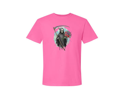 brand:Comfort Colors|color:Neon Pink|Grim Reaper With Flowers Gothic Graphic T-Shirt