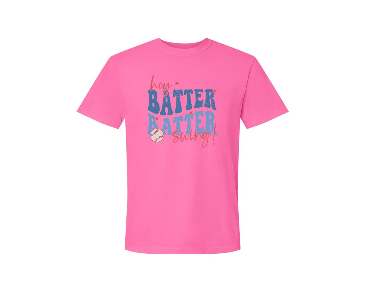 brand:Comfort Colors|color:Neon Pink|Retro Baseball Hey Batter Batter Swing Graphic T-Shirt