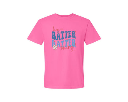 brand:Comfort Colors|color:Neon Pink|Retro Baseball Hey Batter Batter Swing Graphic T-Shirt