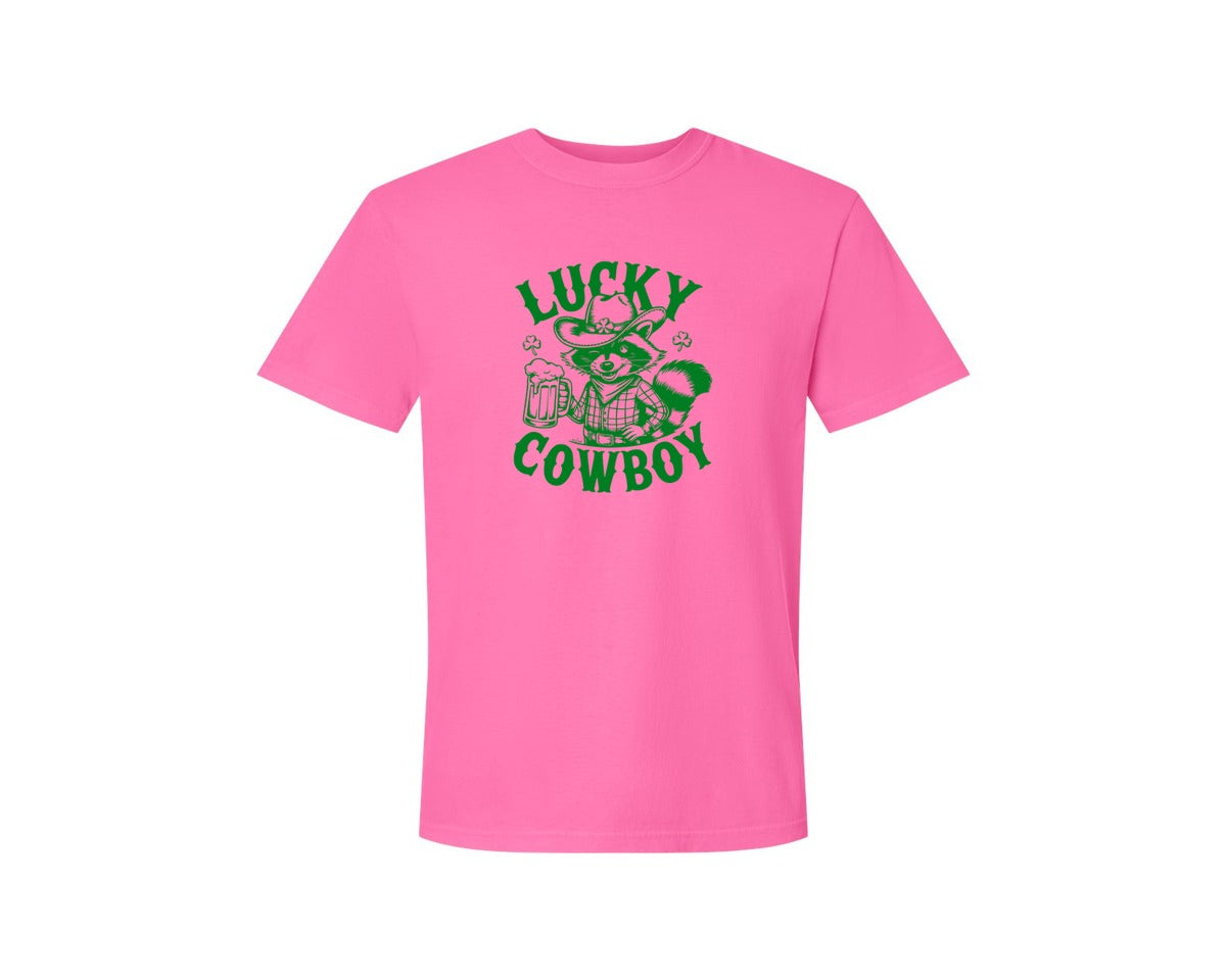 brand:Comfort Colors|color:Neon Pink|Lucky Cowboy Funny St Patricks Day Graphic T-Shirt