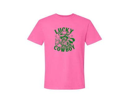 brand:Comfort Colors|color:Neon Pink|Lucky Cowboy Funny St Patricks Day Graphic T-Shirt