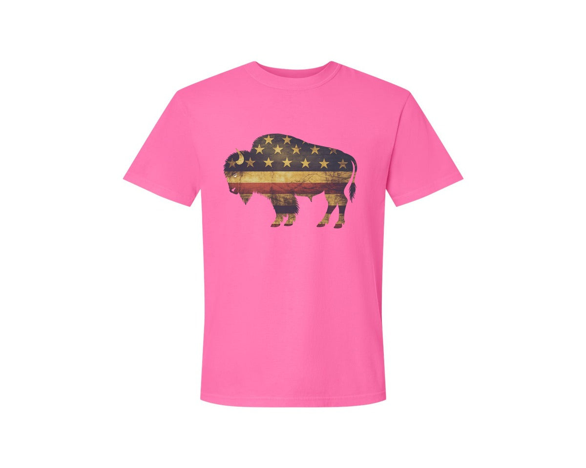 brand:Comfort Colors|color:Neon Pink|American Bison Patriotic Usa Flag 4 Graphic T-Shirt