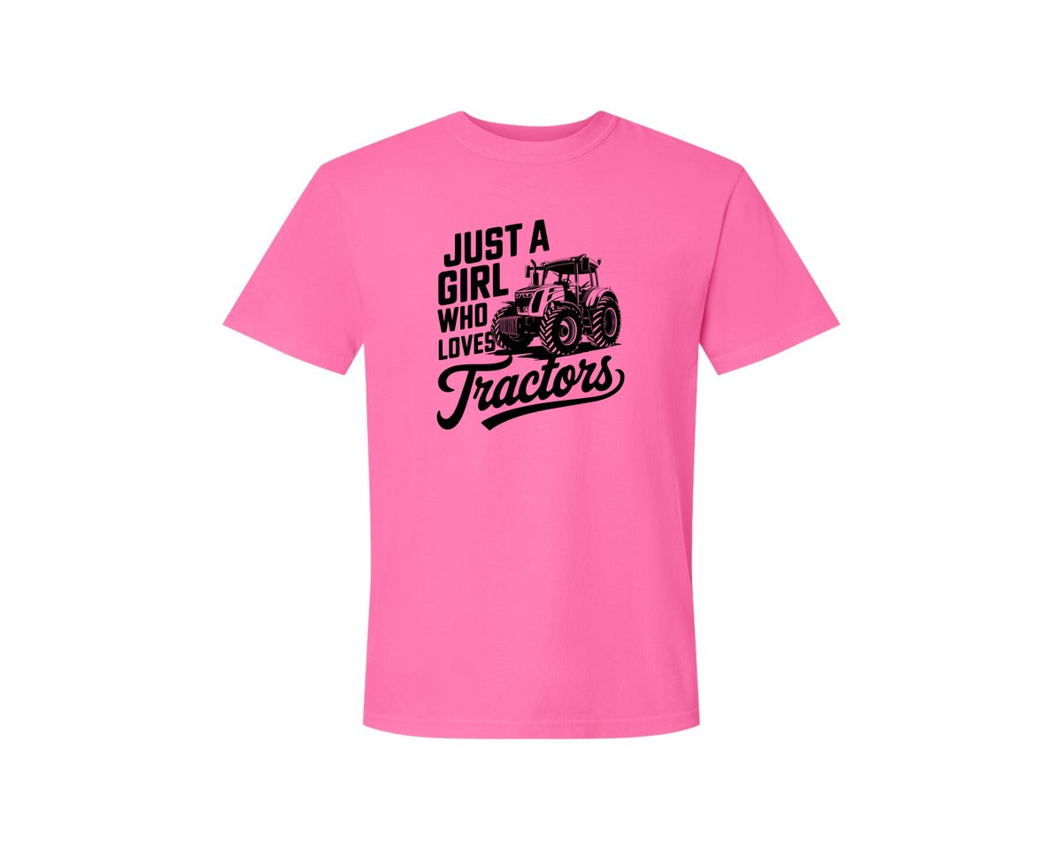 brand:Comfort Colors|color:Neon Pink|Just A Girl Who Loves Tractors T Shi Graphic T-Shirt