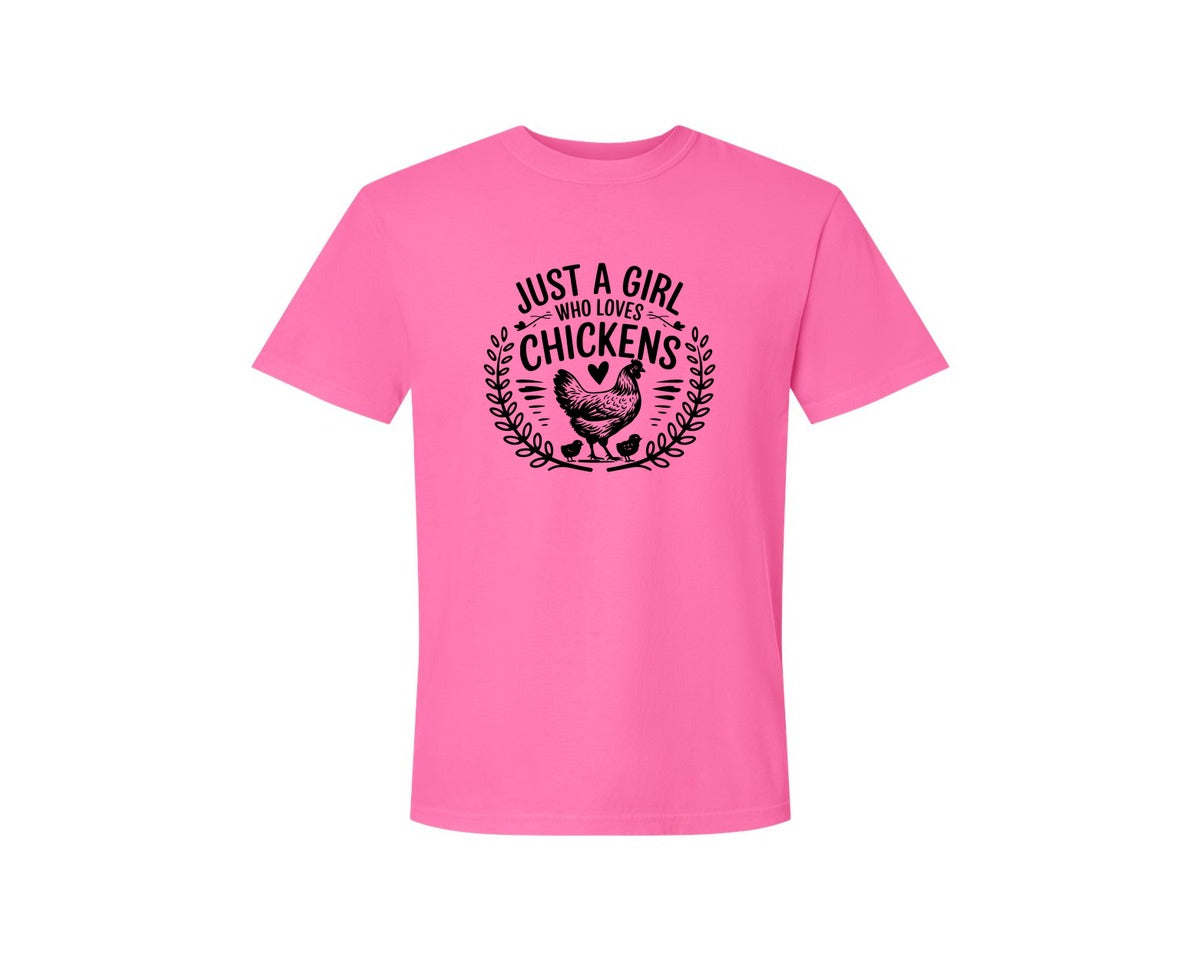 brand:Comfort Colors|color:Neon Pink|Just A Girl Who Loves Chickens T Shirt D Graphic T-Shirt