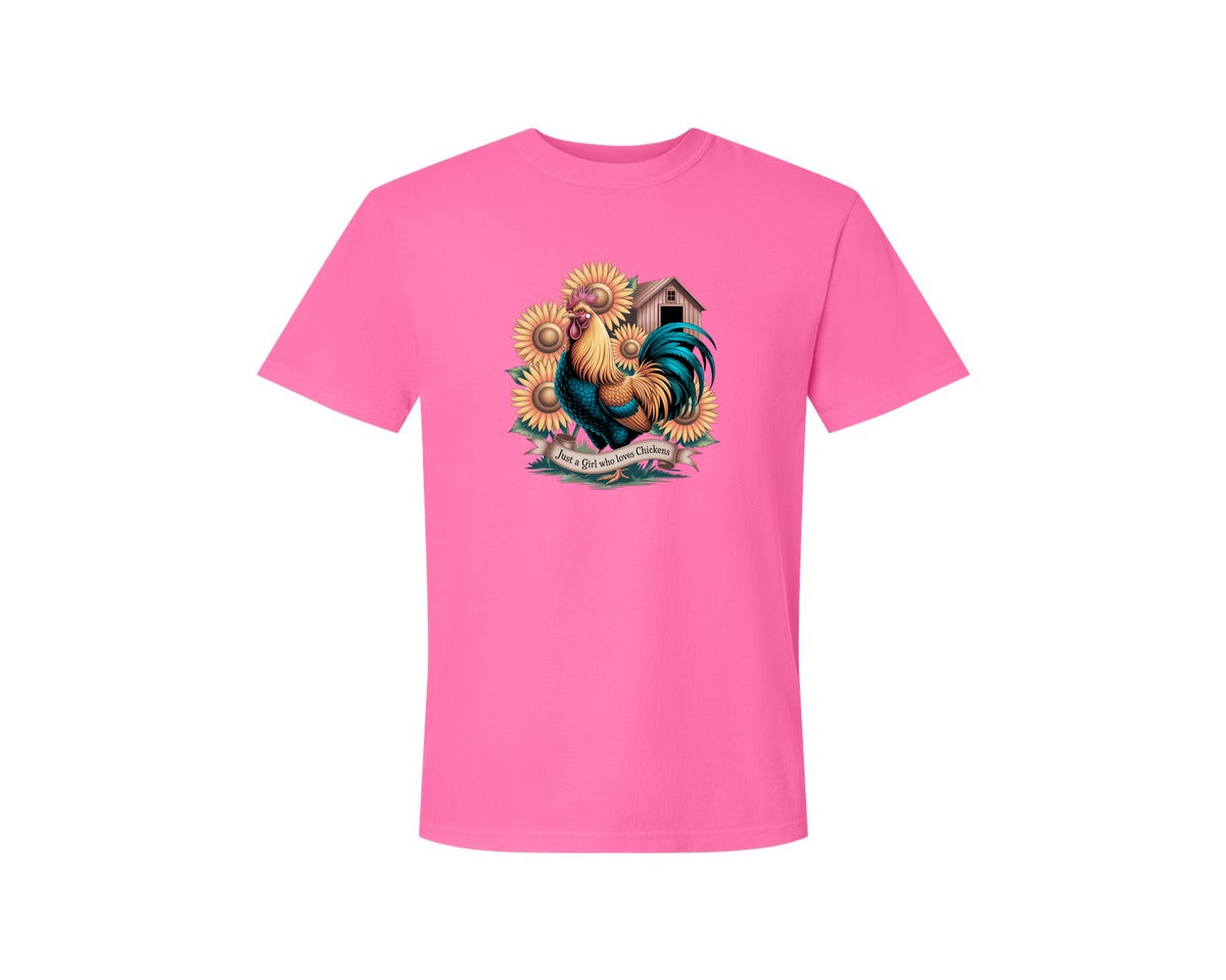 brand:Comfort Colors|color:Neon Pink|Just A Girl Who Loves Chickens 10 Graphic T-Shirt