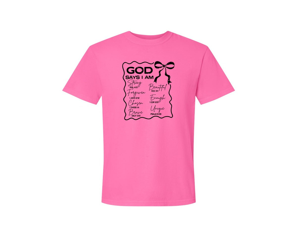 brand:Comfort Colors|color:Neon Pink|God Says I Am Coquette Christian Graphic T-Shirt