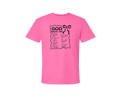 brand:Comfort Colors|color:Neon Pink|God Says I Am Coquette Christian Graphic T-Shirt