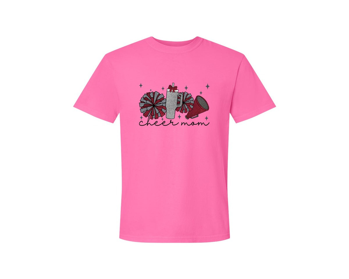 brand:Comfort Colors|color:Neon Pink|Cheer Mom Glitter Cheerleading Graphic T-Shirt