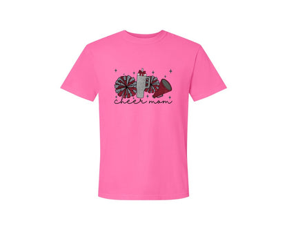 brand:Comfort Colors|color:Neon Pink|Cheer Mom Glitter Cheerleading Graphic T-Shirt
