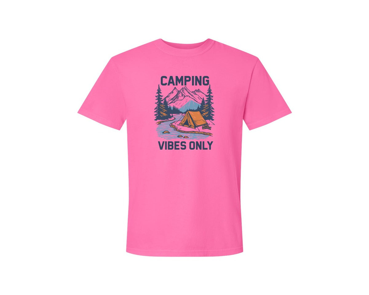 brand:Comfort Colors|color:Neon Pink|Camping Vibes Only Outdoor Adventure Tee Graphic T-Shirt