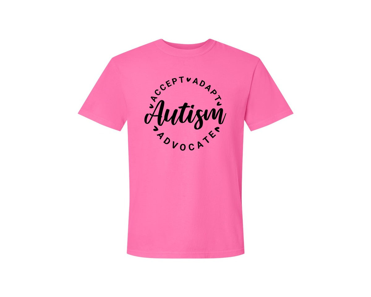 brand:Comfort Colors|color:Neon Pink|Autism Awareness Accept Adapt Advocate 4 Graphic T-Shirt
