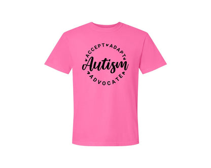 brand:Comfort Colors|color:Neon Pink|Autism Awareness Accept Adapt Advocate 4 Graphic T-Shirt