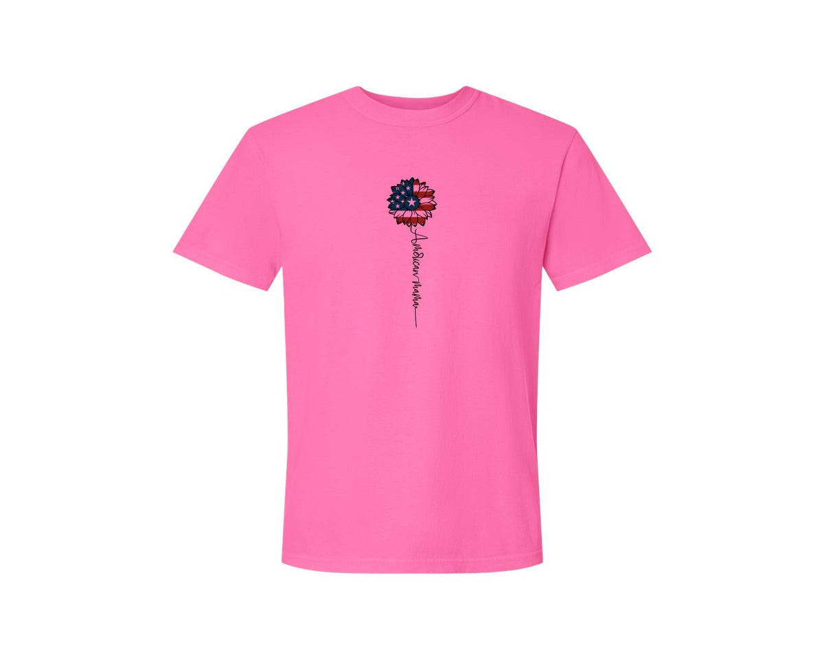 brand:Comfort Colors|color:Neon Pink|American Mama Sunflower 4Th Of July Graphic T-Shirt
