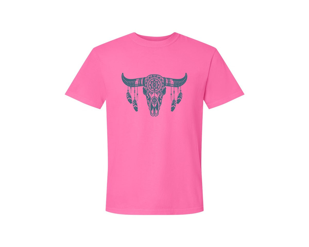 brand:Comfort Colors|color:Neon Pink|Western Bull Skull Aztec Boho Longhorn Graphic T-Shirt