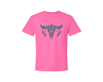brand:Comfort Colors|color:Neon Pink|Western Bull Skull Aztec Boho Longhorn Graphic T-Shirt