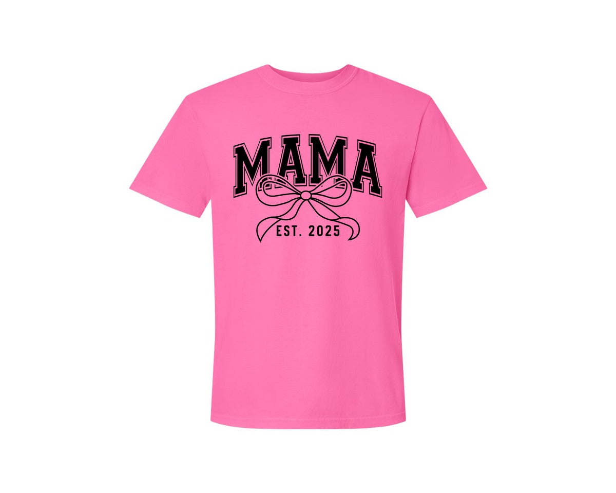 brand:Comfort Colors|color:Neon Pink|Mama Bow Varsity Graphic T-Shirt