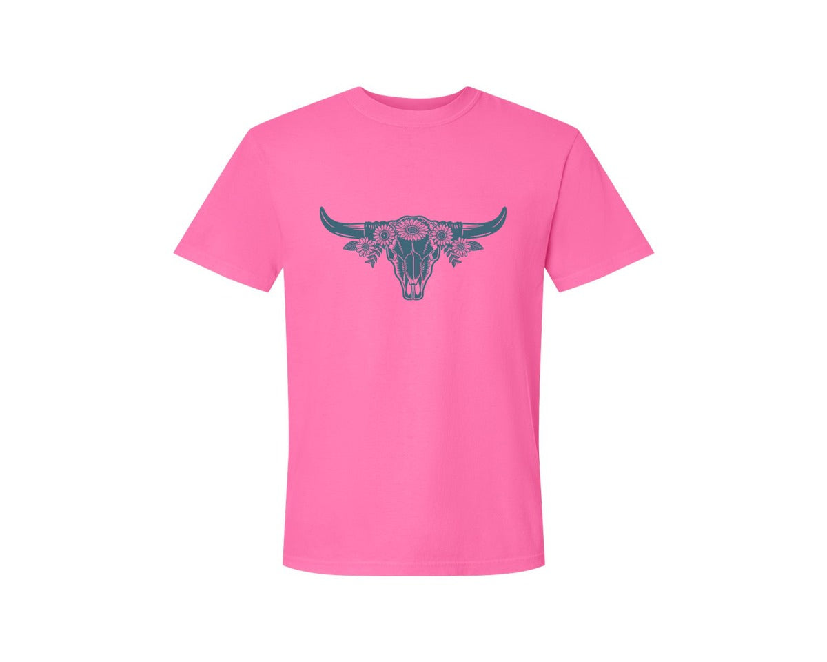 brand:Comfort Colors|color:Neon Pink|Western Bull Skull Longhorn Boho Flowers 4 Graphic T-Shirt