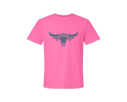 brand:Comfort Colors|color:Neon Pink|Western Bull Skull Longhorn Boho Flowers 4 Graphic T-Shirt