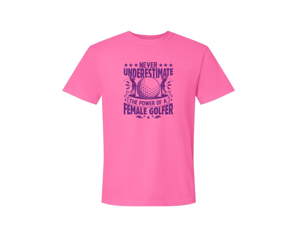 brand:Comfort Colors|color:Neon Pink|Female Golfer Golf Club T Shirt Design Graphic T-Shirt