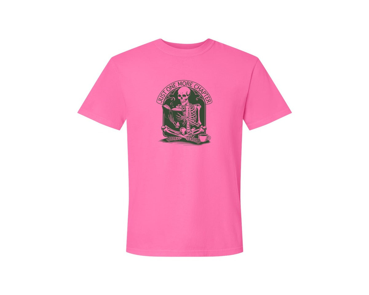 brand:Comfort Colors|color:Neon Pink|Just One More Chapter Skeleton Coffee 2 Graphic T-Shirt