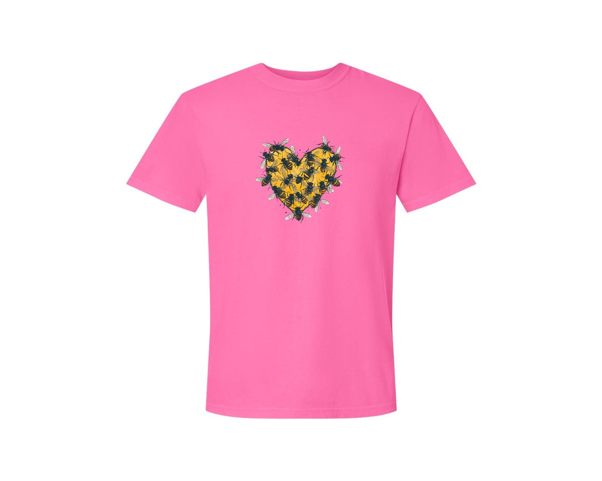 brand:Comfort Colors|color:Neon Pink|Honey Bee Love Heart Graphic Artwork Graphic T-Shirt
