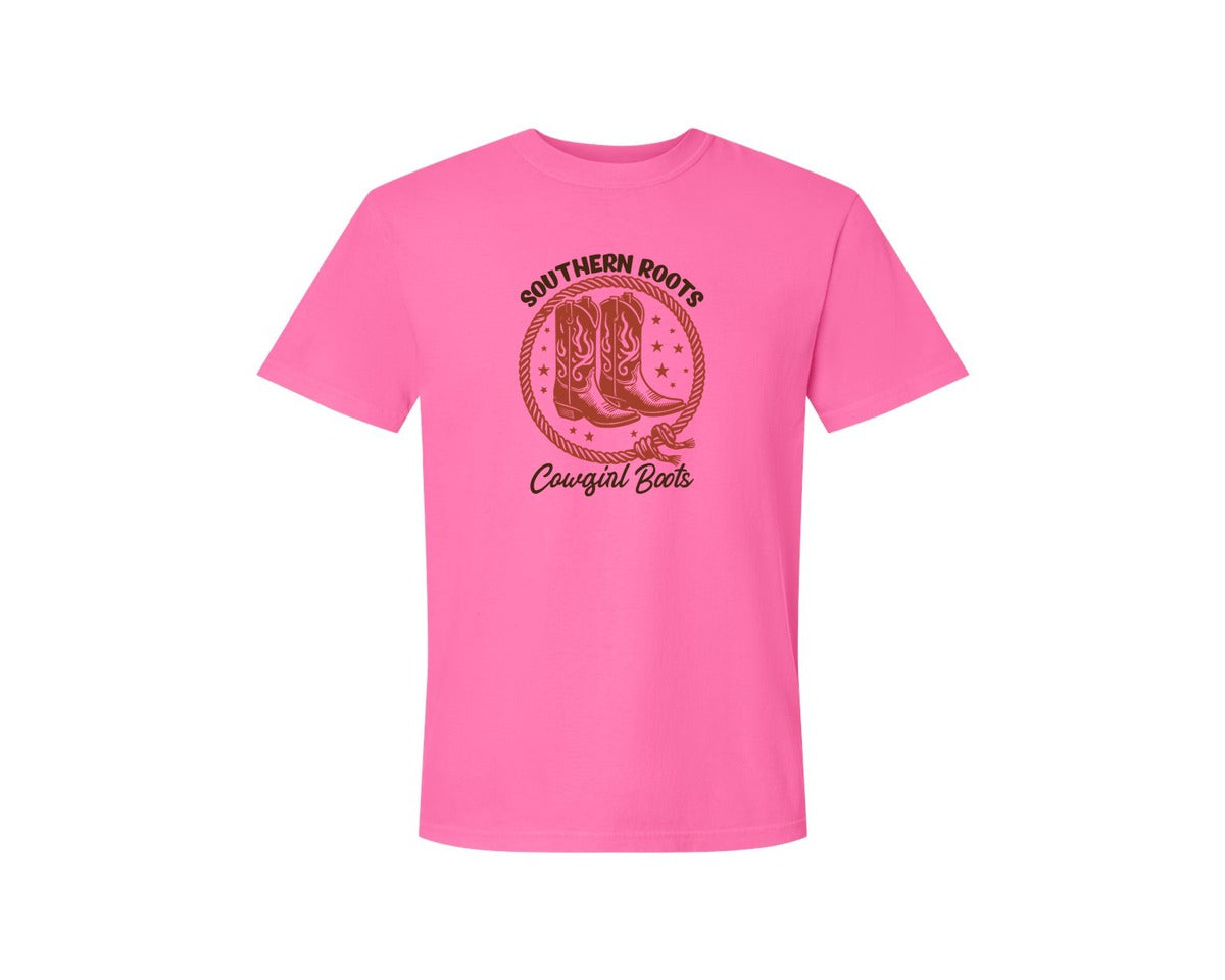brand:Comfort Colors|color:Neon Pink|Southern Roots Cowgirl Boots Cowgir Graphic T-Shirt