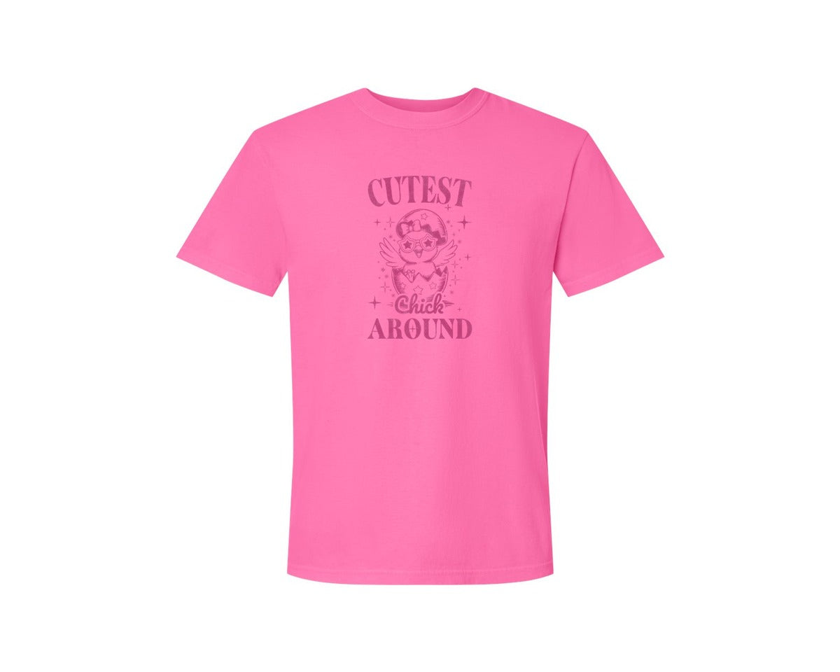 brand:Comfort Colors|color:Neon Pink|Retro Easter Cutest Chick Around Graphic T-Shirt