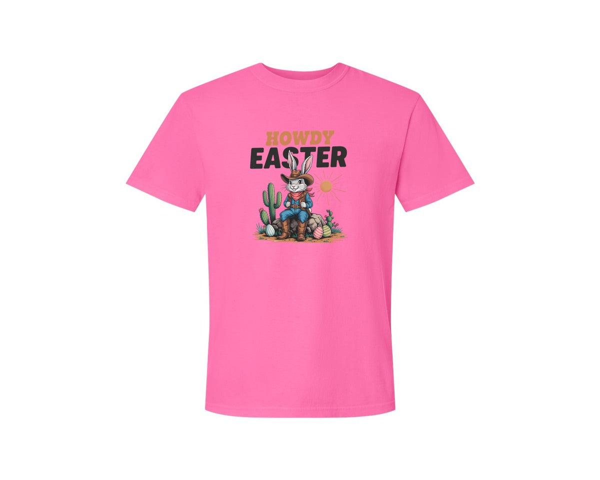 brand:Comfort Colors|color:Neon Pink|Howdy Easter Western Cowboy Bunny 2 Graphic T-Shirt