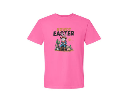 brand:Comfort Colors|color:Neon Pink|Howdy Easter Western Cowboy Bunny 2 Graphic T-Shirt