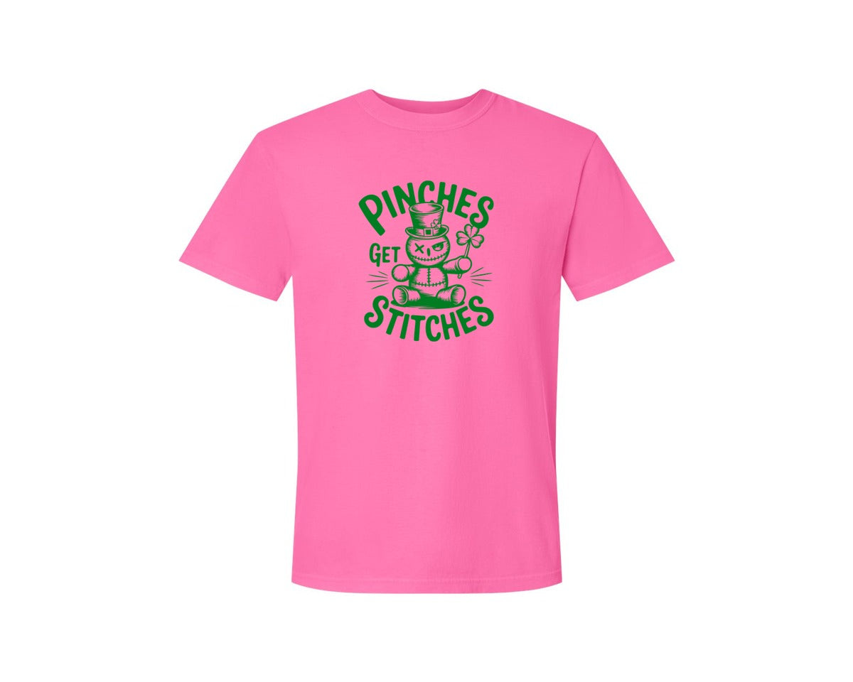 brand:Comfort Colors|color:Neon Pink|Pinches Get Stitches Funny St Patri Graphic T-Shirt