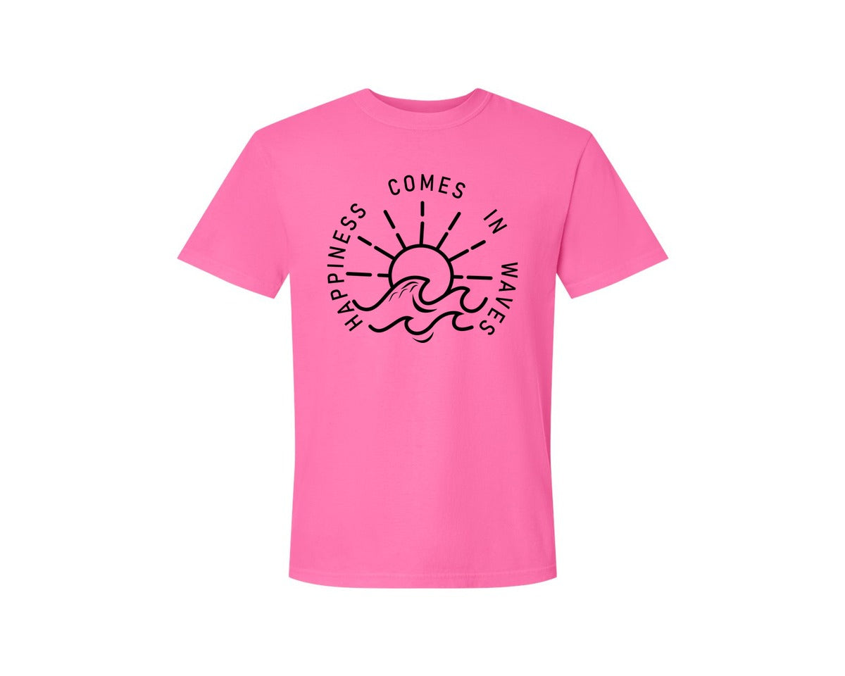 brand:Comfort Colors|color:Neon Pink|Happiness Comes In Waves Graphic T-Shirt