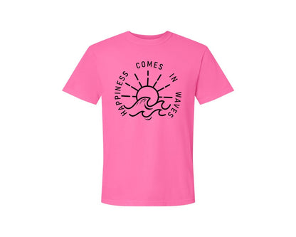 brand:Comfort Colors|color:Neon Pink|Happiness Comes In Waves Graphic T-Shirt