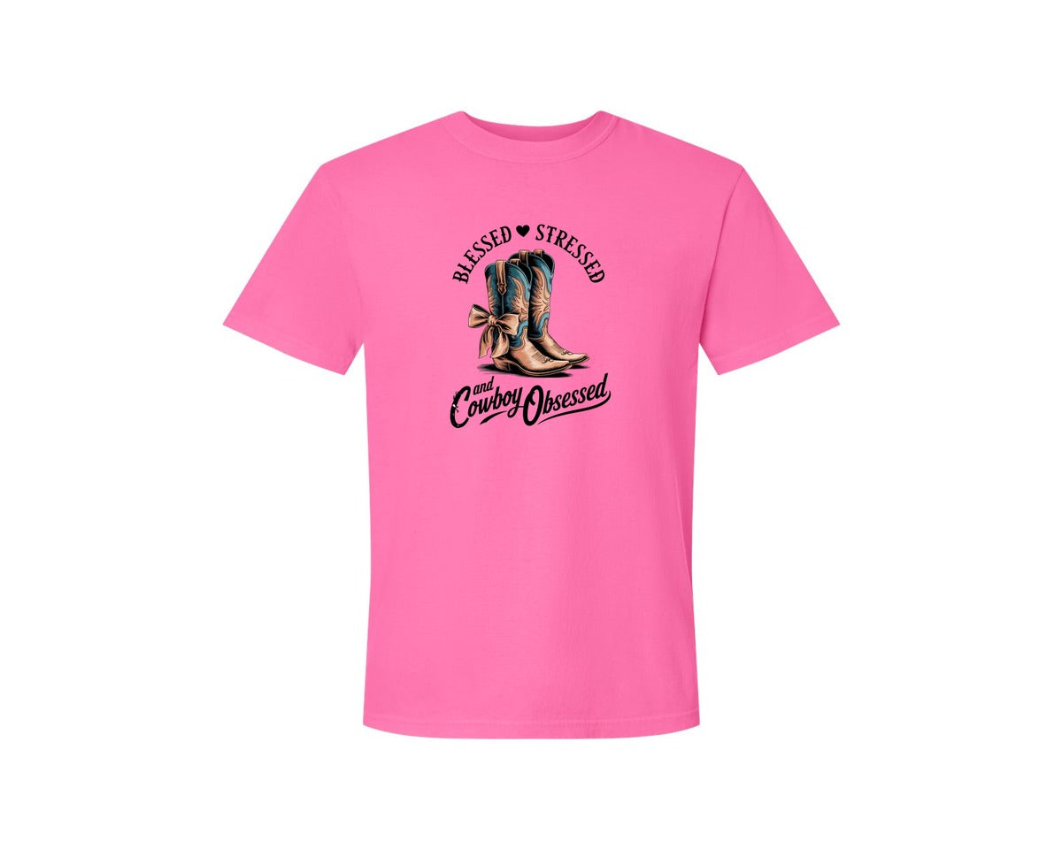 brand:Comfort Colors|color:Neon Pink|Blessed Stressed Mom Western Mothers Day 3 Graphic T-Shirt