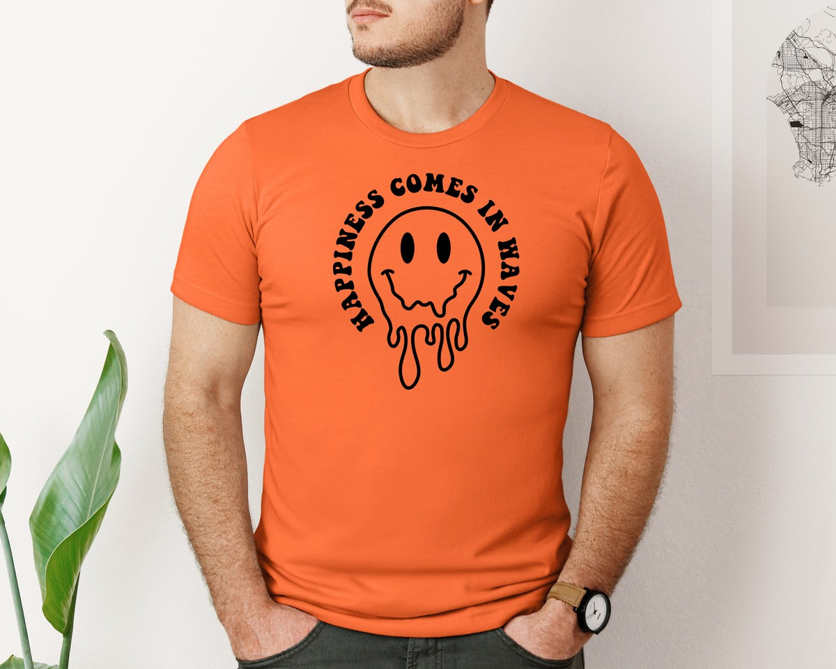 brand:Bella Canvas|color:Orange|Happiness Comes In Waves Wavy Graphic T-Shirt
