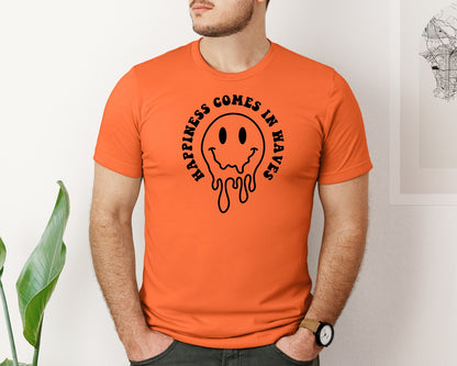 brand:Bella Canvas|color:Orange|Happiness Comes In Waves Wavy Graphic T-Shirt