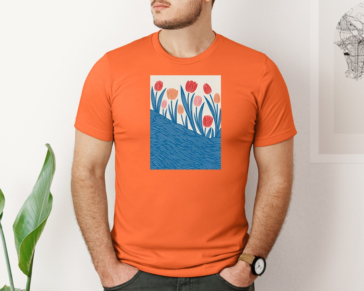 brand:Bella Canvas|color:Orange|Retro Tulip Garden Graphic T-Shirt