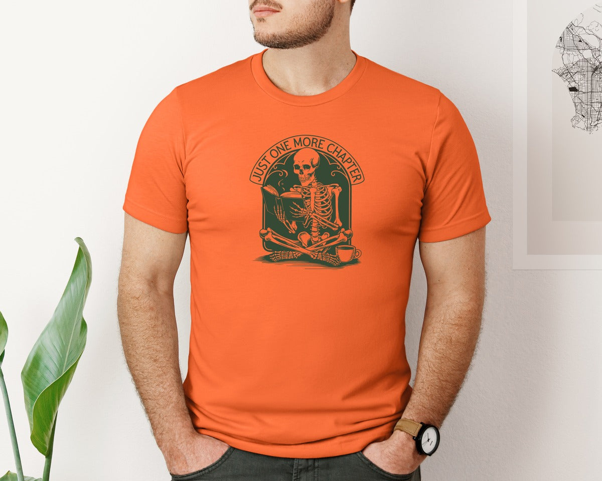 brand:Bella Canvas|color:Orange|Just One More Chapter Skeleton Coffee 2 Graphic T-Shirt