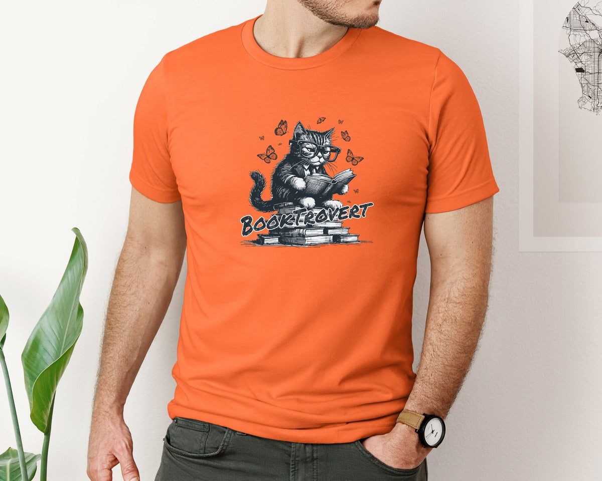 brand:Bella Canvas|color:Orange|Book Trovert Reading Cat Shirt Graphic T-Shirt