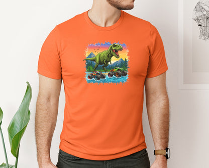 brand:Bella Canvas|color:Orange|Dinosaur Monster Truck T Rex Graphic T-Shirt