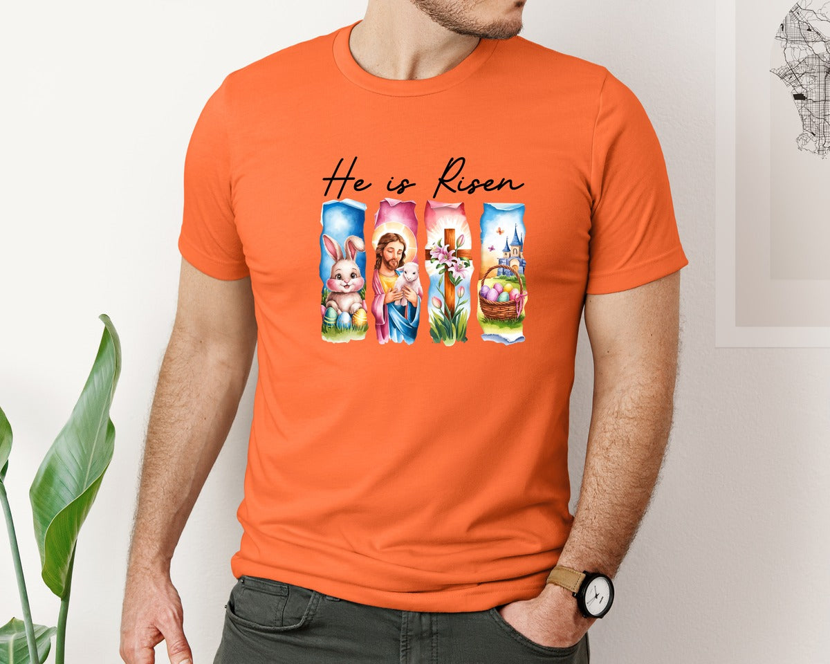 brand:Bella Canvas|color:Orange|He Is Risen Easter Jesus Christian Graphic T-Shirt