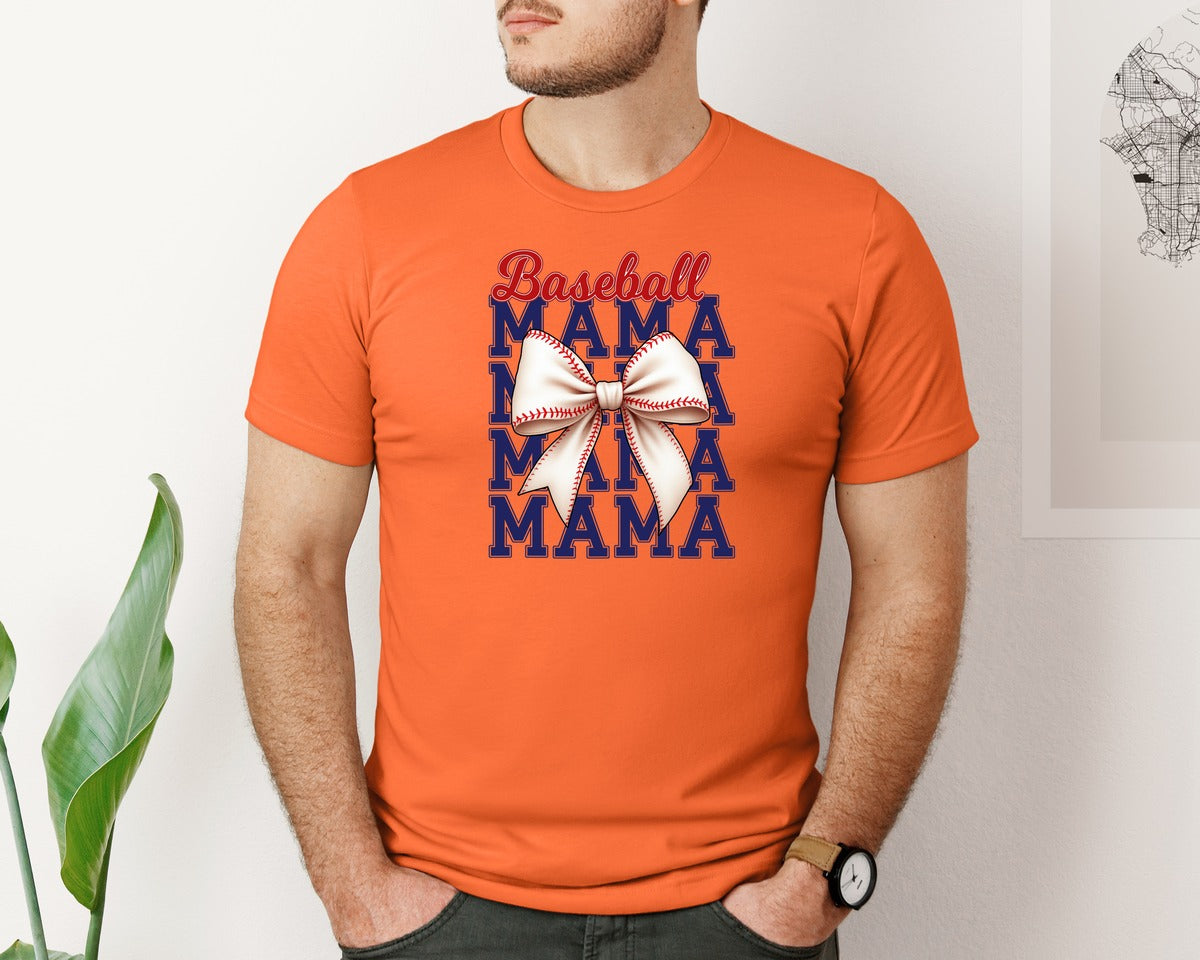 brand:Bella Canvas|color:Orange|Baseball Mama Mom Coquette Bow Game Graphic T-Shirt