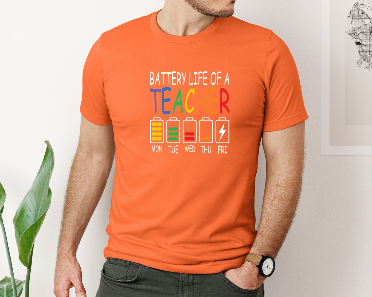brand:Bella Canvas|color:Orange|Battery Life Of A Teacher Funny 3 Graphic T-Shirt